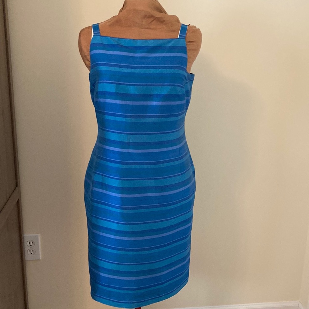 Elegant Blue Striped Silk Sheath Dress